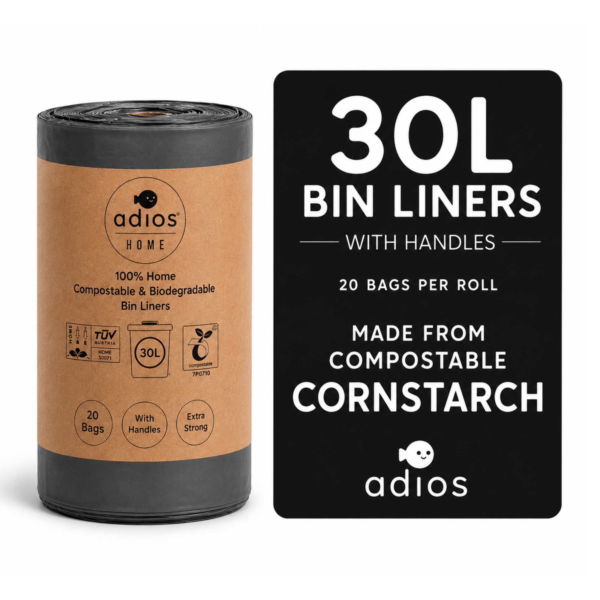 🛍️ Compostable Bin Liners with Handles – 30L - Roll of 20 bags 🌿