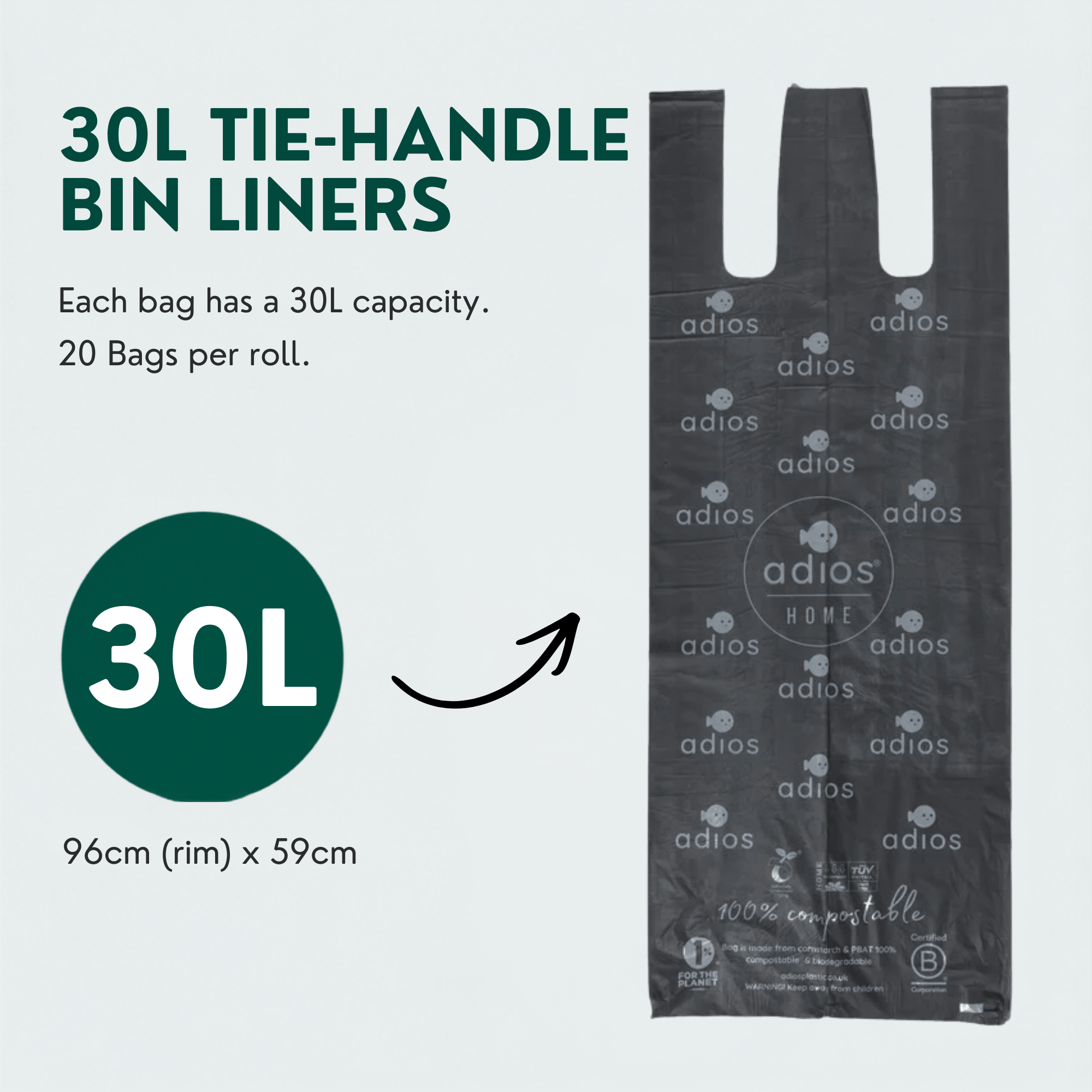 🛍️ Compostable Bin Liners with Handles – 30L - Roll of 20 bags 🌿