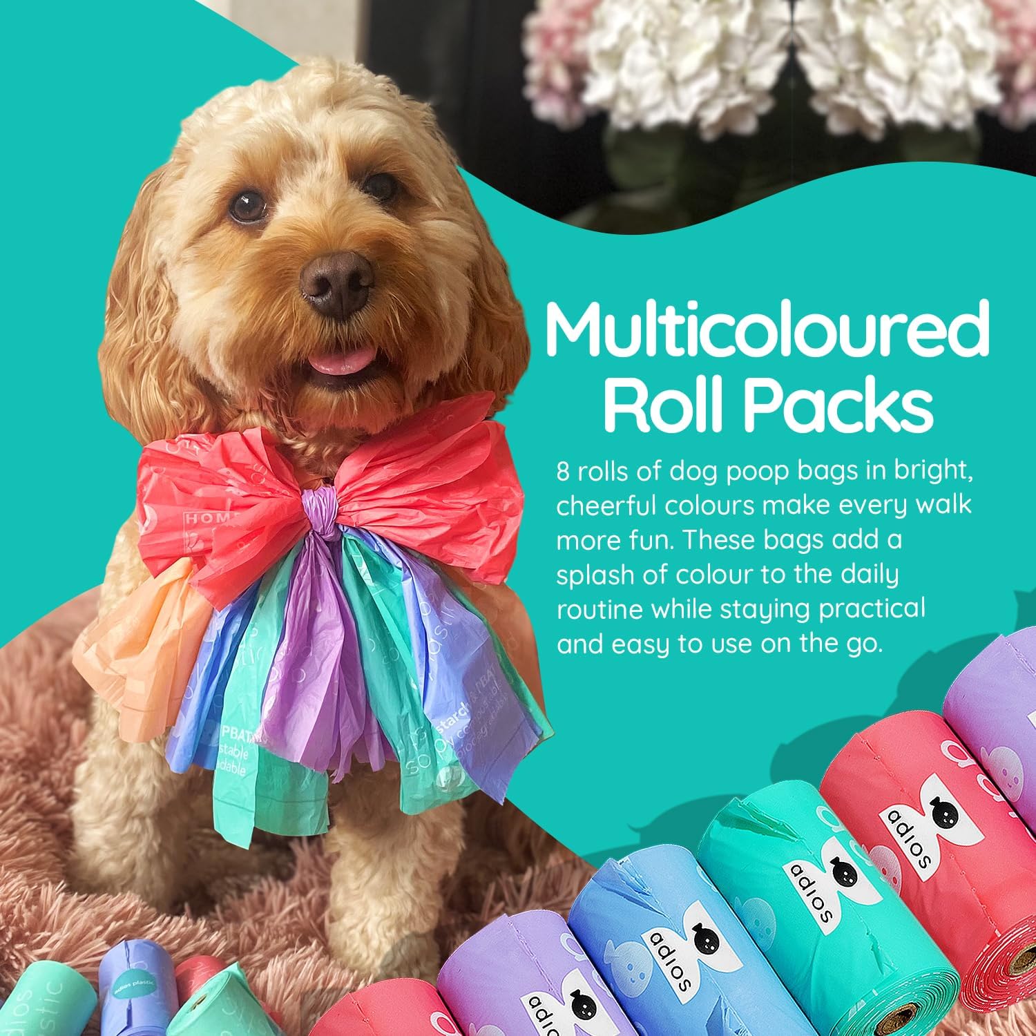 Rainbow Compostable Poo Bags, 120 Bags (8 Rolls)