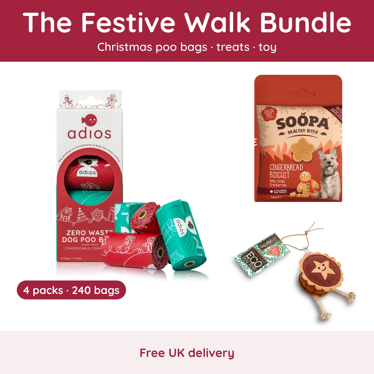 The Festive Walk Bundle: 4 packs Christmas poo bags, gingerbread bites and Merry the Mince Pie toy